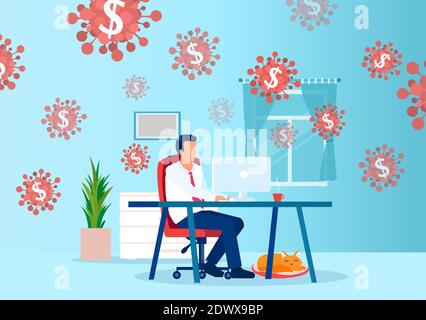 Opportunità di business nel concetto di crisi COVID-19. Vettore di un uomo d'affari che lavora online da casa guadagnando denaro durante la pandemia di coronavirus Illustrazione Vettoriale