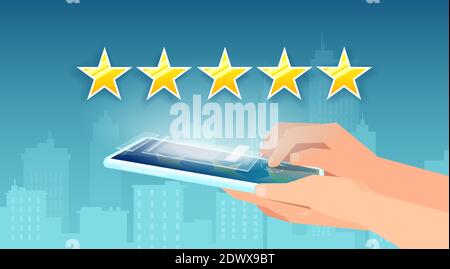 Vettore di un cliente con smartphone che dà un cinque stelle valutazione Illustrazione Vettoriale