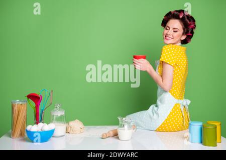 Ritratto di lei bella attraente glamour allegro allegria da sogno casalinga pacifica cucina pane fresco seduta sul tavolo bere cacao isolato Foto Stock