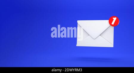 notifica di posta un nuovo messaggio di posta elettronica nel concetto di posta in arrivo Isolato su sfondo blu con rendering 3D ombreggiato Foto Stock