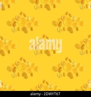 Monete 3D d'oro realistiche con motivo senza cuciture del simbolo del dollaro. Disegno di incarto senza cuciture di luccicante denaro illustrazione di rendering 3d Foto Stock