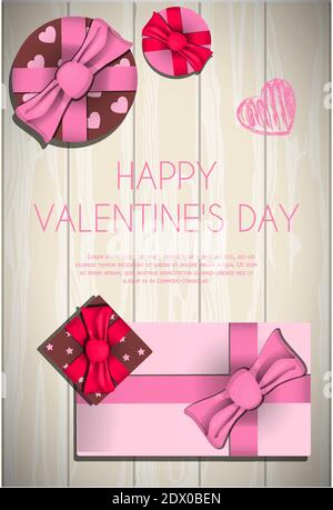 vista dall'alto di un tavolo in legno con set di regali e scatole per il giorno di san valentino. Immagine romantica in rosa, turchese e rosso. Cartolina per congratulazioni, dichiarazioni d'amore. Illustrazione vettoriale di un invito alla vacanza di tutti gli amanti. Foto per le vacanze del 14 febbraio. Illustrazione Vettoriale