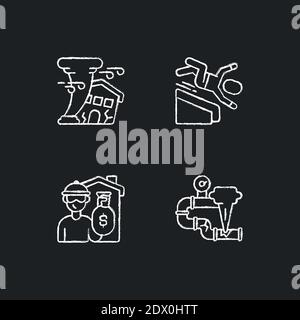 Riduzione dei rischi di pericolo icone bianche gesso su sfondo nero Illustrazione Vettoriale