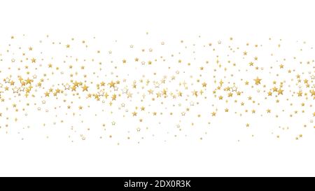 Le stelle d'oro confetti. Senza cuciture motivo orizzontale caduta stellata casuale. Lussuoso luccicante stellare casualmente cadente su sfondo bianco. Capodanno e CHRI Illustrazione Vettoriale