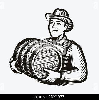 Agricoltore con barile di legno di vino. Whiskey bevanda alcolica schizzo vintage illustrazione vettoriale Illustrazione Vettoriale
