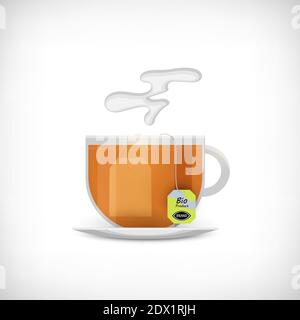 Icona della tazza da tè. Tazza di tè trasparente. Sacchetto da tè ed etichetta con il segno Bio Product. Sfondo vignetta. Stile piatto. Elemento per il web design. Illustrazione vettoriale. Illustrazione Vettoriale