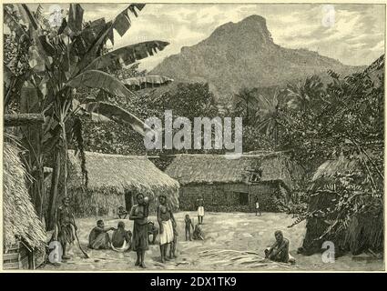 Incisione di un villaggio a Levuka, Fiji, circa 1890 Foto Stock