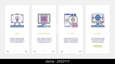 Illustrazione vettoriale dell'idea di sviluppo aziendale globale. UX, UI onboarding mobile app page set di schermo con line light bulb idea simboli di avvio, rapporto di analisi dello sviluppatore sullo schermo del computer o del telefono Illustrazione Vettoriale