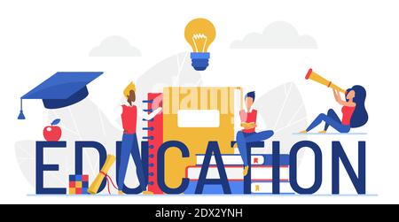 Illustrazione vettoriale della parola Education. Cartoon piano minuscolo studentesse, uomo donna personaggi seduta con mucchio di libri, lettere grandi e cannocchiale Spyglass. Concetto educativo isolato su bianco Illustrazione Vettoriale