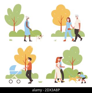 Le persone camminano nel parco cittadino, insieme di illustrazioni vettoriali. Cartoon personaggi attivi della famiglia che camminano insieme, giocando con il cane animale domestico, indossando maschera medica di protezione viso, attività del fine settimana isolato su bianco Illustrazione Vettoriale