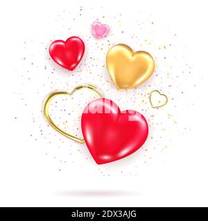 Elemento decorativo con cuori 3d lucidi, cornici dorate a forma di cuore e confetti. San Valentino rosa lucido caramello caramello cuore gruppo. Realistico Illustrazione Vettoriale