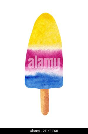 Gelato acquerello su sfondo bianco. Gelato alla frutta. Viola, blu, giallo. Stampa estiva Foto Stock