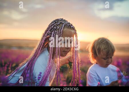 Ragazza e ragazzo che raccolgono fiori nel campo durante il tramonto Foto Stock
