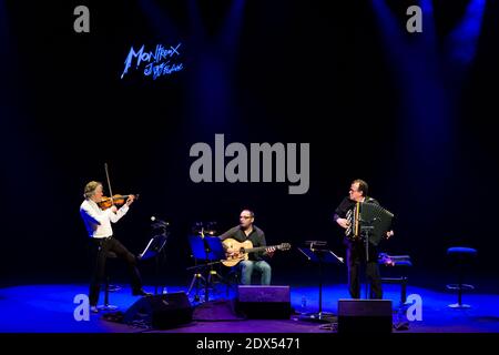 Richard Galliano, Bireli Lagrene e Didier Lockwood si esibisce in concerto al Montreux Jazz Festival, Svizzera, il 18 luglio 2014. Foto di Loona/ABACAPRESS.COM Foto Stock