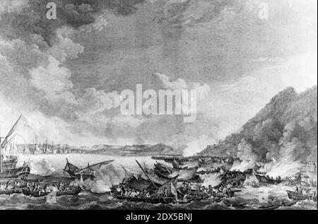 Attacco a Gibilterra, settembre 1782: Incisione di James Fittler dopo un dipinto di Richard Paton, pubblicato a Londra, 1 novembre 1784, che raffigura la distruzione delle batterie galleggianti spagnole da parte di hot-shot britannici e attacchi in barca, 14 settembre 1782. Foto Stock