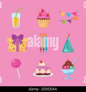 pacchetto di nove icone del set di compleanno Illustrazione Vettoriale