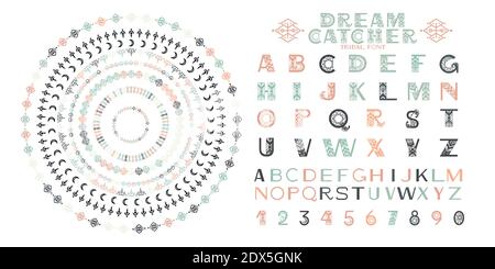 Alfabeto tribale e ornamenti. Lettere e simboli in stile etnico geometrico. Aztec e nativo americano tessuto stile. Illustrazione vettoriale Illustrazione Vettoriale