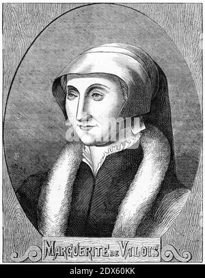 Incisione di Margaret di Valois (1553 – 1615) principessa francese della dinastia Valois che divenne regina consorte di Navarra e poi anche di Francia. Con il suo matrimonio con Enrico III di Navarra (in seguito Enrico IV di Francia), fu regina di Navarra e poi della Francia all'adesione del marito al trono del 1589. Foto Stock