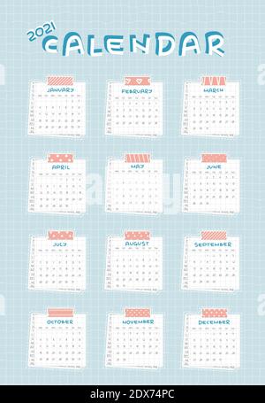 Calendario 2021 da gennaio a dicembre, a partire da lunedì. Ogni mese è su carta squadrata con punti, pezzo di giornale è in fondo e tagliato Illustrazione Vettoriale