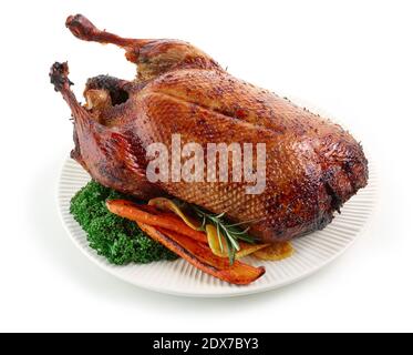 arrosto di anatra appena tostato su piatto isolato su sfondo bianco Foto Stock