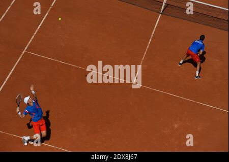 Radek Stepanek e Tomas Berdych, nella Repubblica Ceca, si disputano il 13 settembre 2014 durante la doppia partita di tennis della Coppa Davis, semifinale tra Francia e Repubblica Ceca, allo stadio Roland Garros di Parigi. La Francia è qualificata per giocare la finale della Coppa Davis. Foto di Christophe Guibbaud/ABACAPRESS.COM Foto Stock