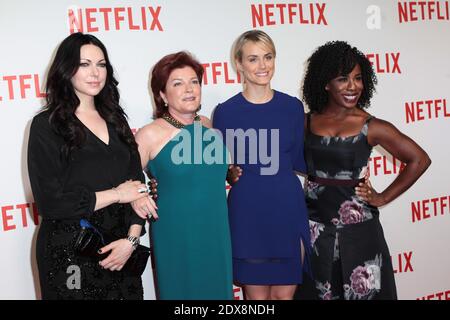 Laura Prepon, Kate Mulgrew, Taylor Schilling e Uzo Aduba partecipano alla festa di lancio di Netflix in Francia, tenutasi a Faust a Parigi, in Francia, il 15 settembre 2014. Foto di Audrey Poree/ABACAPRESS.COM Foto Stock