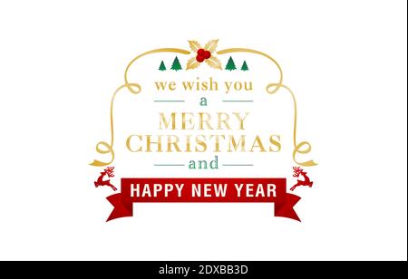 Allegri biglietti di auguri natalizi e felici per il nuovo anno, allegri ornamenti natalizi con nastro, biglietti d'auguri, striscioni, volantini, serigrafia Illustrazione Vettoriale