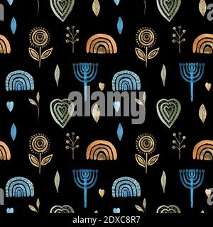 Acquerello senza cuciture motivo folk elementi floreali dipinti a mano stile scandinavo, boho rainbow bambini design. Foto Stock