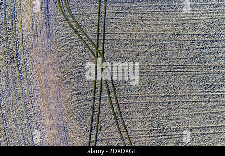 Vista del drone dei cingoli degli pneumatici su un campo ghiacciato in inverno Foto Stock