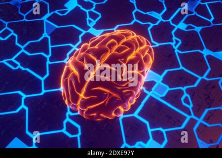 Rappresentazione 3D del cervello sulla macchina di simbolizzazione della scheda a circuito stampato algoritmi di apprendimento Foto Stock