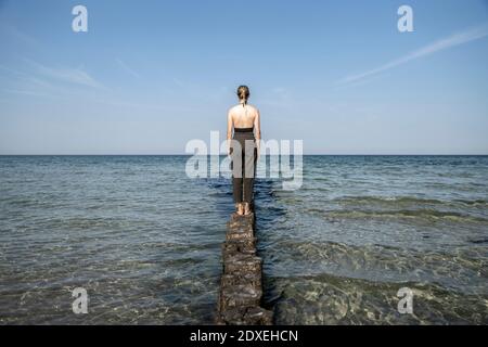 Donna che guarda il mare mentre si sta in piedi sul groyne di legno a Mecklenburg, Fischland-Darß-Zingst, Germania Foto Stock