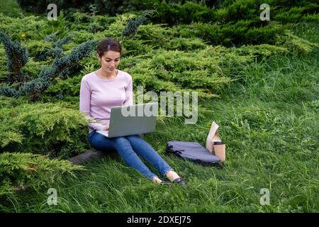 Giovane imprenditore femminile che usa il computer portatile mentre si siede nel parco Foto Stock