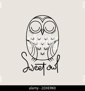Logo con contorno di gufo dolce. Design con emblema isolato Doodel. Simbolo dell'educazione dei bambini. Illustrazione vettoriale Illustrazione Vettoriale