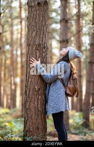 Donna che guarda il tronco dell'albero mentre si trova in piedi in Cannock Chase bosco durante l'inverno Foto Stock