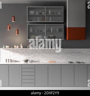 Cucina moderna e spaziosa. Cucina in stile scandinavo. Illustrazione 3D Foto Stock