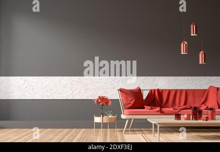 Parete vuota mock up in stile scandinavo interni. Interni minimalisti design. 3D'illustrazione. Foto Stock