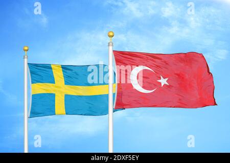 Svezia e Turchia due bandiere su palchi e cielo blu Foto Stock