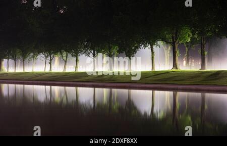 USA, Washington DC, bordo alberato del Lincoln Memorial Reflecting Pool di notte Foto Stock