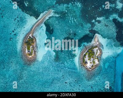 Veduta aerea dell'isola di Barefoot, isola di Hudhuranfushi, Maldive Foto Stock