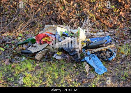 Amburgo, Germania. 21 Dic 2020. Un mucchio di rifiuti si trova sulla riva dell'erba ai margini di una riserva naturale. Credit: Jonas Walzberg/dpa/Alamy Live News Foto Stock