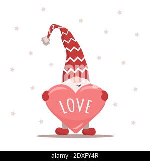 Gnomo di San Valentino nel cappello rosso che tiene il cuore. Splendido elfo scandinavo. Buon giorno di San Valentino. Ti voglio bene. Carino design concept per il 14 febbraio. Vettore Illustrazione Vettoriale