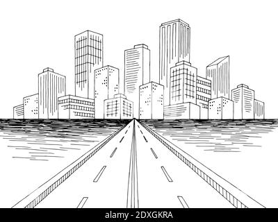 City bridge grafica black white paesaggio città disegno vettoriale Illustrazione Vettoriale