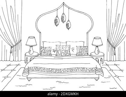 Camera da letto grafica nero bianco Arabo home sketch illustrazione vettore Illustrazione Vettoriale