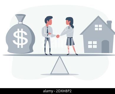 I partner commerciali scuotono le mani come un simbolo di unità. Persone in piedi sulla segrete. Uomo che vende casa. Illustrazione Vettoriale