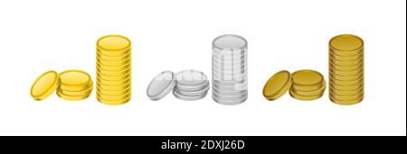Oro, argento, bronzo, pile di monete. Monete di metalli preziosi. Valuta del metallo. Concetto bancario, economico, patrimoniale. Investimento. Isolato su bianco.vettore Illustrazione Vettoriale