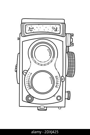 Disegno a una linea disegnato a mano dello stile lineare della videocamera. Illustrazione in stile minimalismo, immagine nera isolata su sfondo bianco. Foto Stock