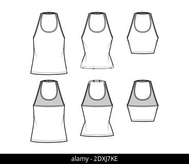 Set di serbatoi halter scoop collo top illustrazione tecnica moda con slim, oversize fit, vita, lunghezza del raccolto. Outwear di abbigliamento piatto davanti, dietro, colore bianco. Donne uomini Unisex CAD mockup Illustrazione Vettoriale