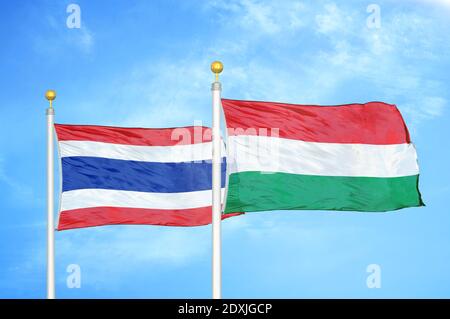 Thailandia e Ungheria due bandiere su flagpoli e cielo blu Foto Stock