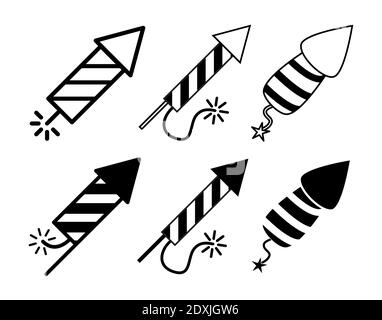 Set di icone del razzo per fuochi d'artificio. La collezione Symbol di New Year contiene silhouette e contorni. Illustrazione vettoriale isolata su sfondo bianco Illustrazione Vettoriale