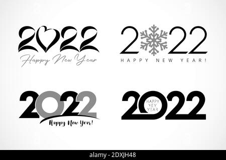 Grande set di 2022 testo design con cuore, neve, semplice. Collezione di etichetta Happy New Year e modello di biglietto d'auguri Happy Holidays. Banner vettoriale Illustrazione Vettoriale